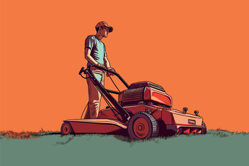 Professional man mowing the lawn care and landscaping service on orange sky background