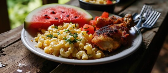 Macaroni salad, watermelon slice, and chicken leg, partially consumed.