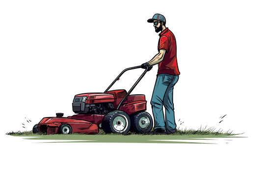 man mowing the lawn with a lawn mower gardening landscaping service business vector illustration