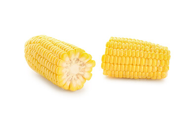 Cut fresh corn cobs on white background