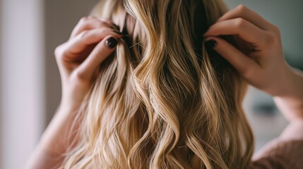 Naklejka premium A woman is doing her blonde and wavy hair. Use both hands to tie the hair back.