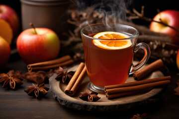 Obraz na płótnie Canvas An enchanting closeup of a steaming mug of spiced apple cider surrounded by cinnamon sticks, capturing the essence of holiday aromas.