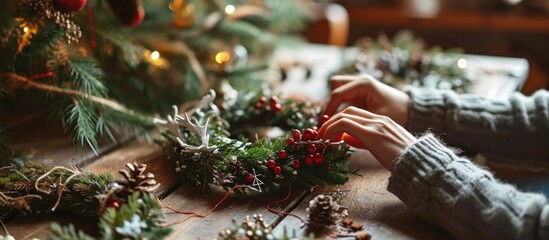 Preparing for the winter holidays by making rustic Christmas wreaths with cozy hands and festive decorations on a wooden table, close to a beautiful holiday tree.