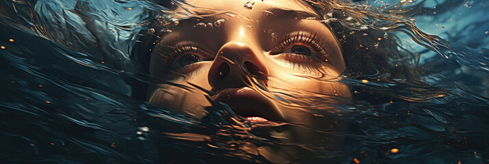 a woman's face underwater with a splash of water over her eye, generative AI