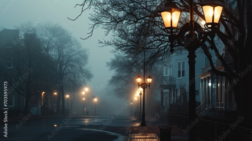 Aufkleber a street light illuminating a foggy street. perfect for creating a mysterious and atmospheric mood i