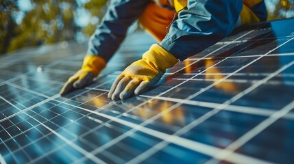 Solar Panel Installation by Professional Engineer at Sunrise. Generative ai