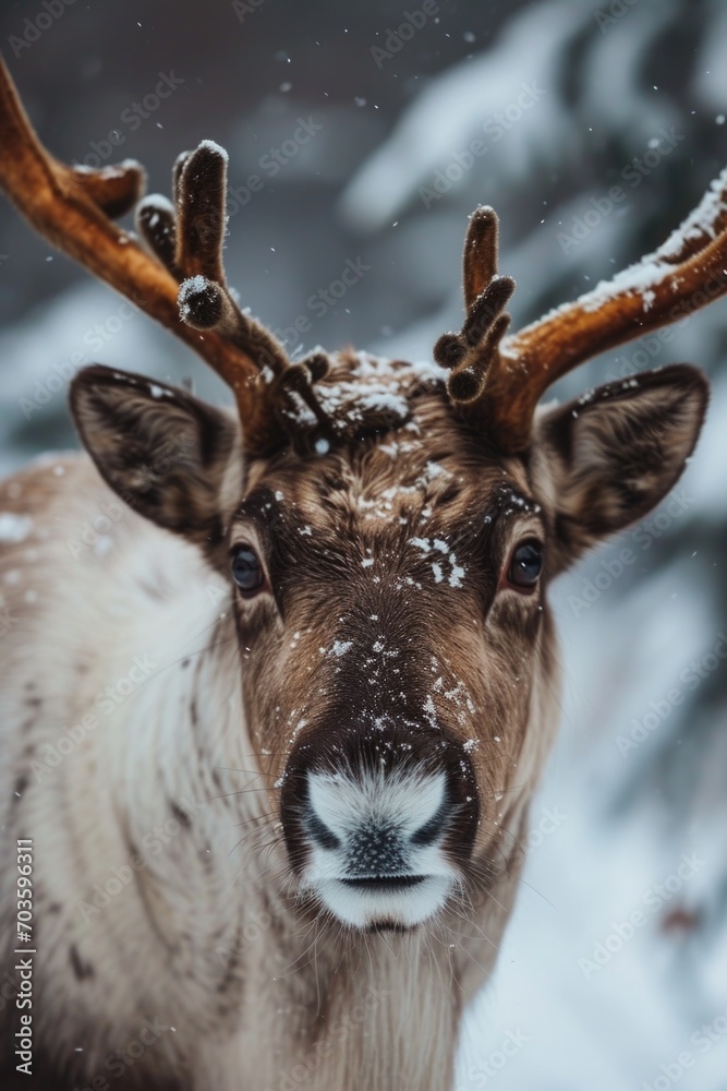 Aufkleber a close-up view of a reindeer standing in the snow. this image can be used to depict winter scenes, 
