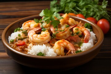 Cajun-style gumbo filled with a flavorful medley of shrimp, chicken, and andouille sausage, served over fluffy white rice