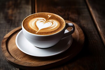 A beautifully crafted latte with a foam heart, served in a rustic setting with warm sunlight streaming in