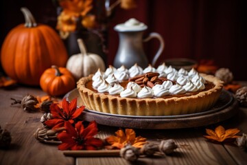 Obraz na płótnie Canvas A mouthwatering pumpkin pie, lovingly baked to perfection, placed on a weathered wooden table amidst a tapestry of colorful fall leaves, creating an inviting ambiance for a memorable Thanksgiving