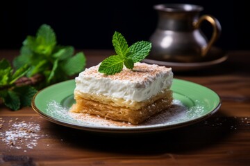 Golden and crispy Kataifi, a famous Greek dessert, dusted with powdered sugar and complemented with a sprig of mint, set on a vintage wooden table