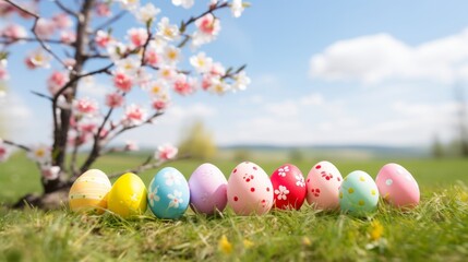 Fototapeta na wymiar Spring background with a row of Easter eggs in green grass and a blooming tree