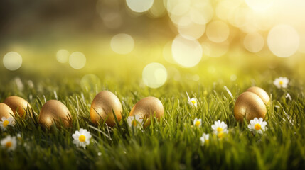 Spring background with row of golden colored Easter eggs in green grass