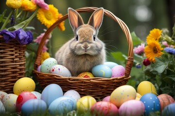 Festive Easter Bunny in a Bountiful Basket of Colorful Eggs