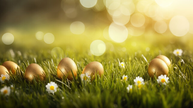Spring background with row of golden colored Easter eggs in green grass