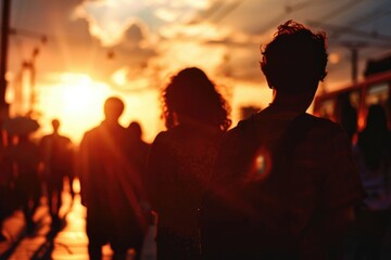 A group of people walking down a street during the beautiful sunset. Suitable for various purposes