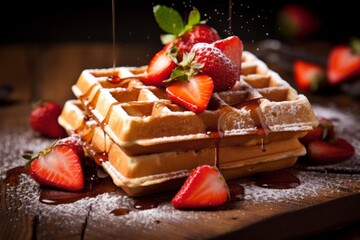 A delectable Belgian waffle, garnished with fresh strawberries and a touch of powdered sugar, presented on a vintage wooden table - obrazy, fototapety, plakaty