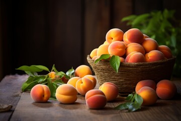A visually appealing arrangement of juicy apricots on an old wooden table, captured in a soft, natural light setting