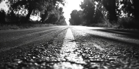 A black and white photo of a wet road. Perfect for illustrating rainy weather or capturing a moody...