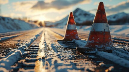 A couple of cones sitting on the side of a road. Perfect for illustrating construction, safety, or traffic-related themes - obrazy, fototapety, plakaty