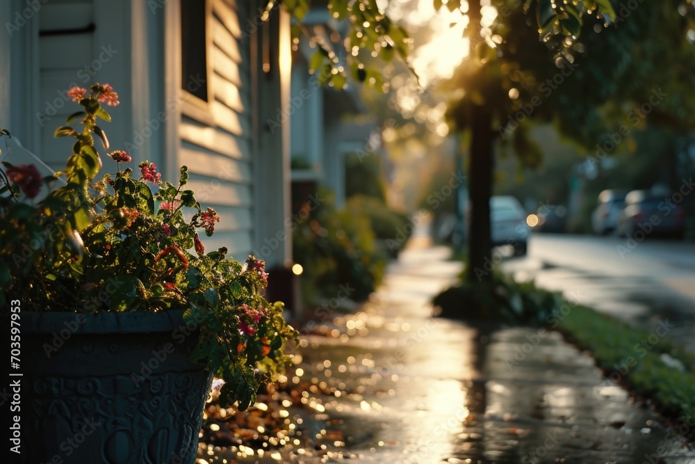 Poster a wet sidewalk with a potted plant. this image can be used to depict urban scenery or as a symbol of