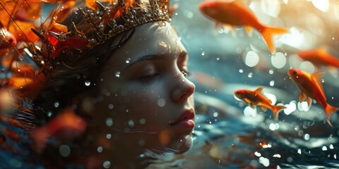 A woman wearing a crown, surrounded by fish. Perfect for underwater-themed events or fantasy illustrations - obrazy, fototapety, plakaty