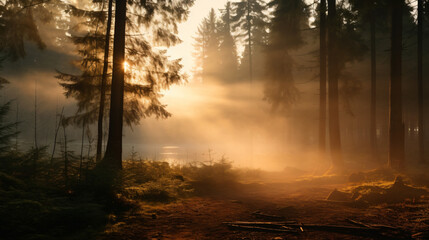 The first rays of the sun piercing through a misty forest creating a mystical and ethereal atmosphere.