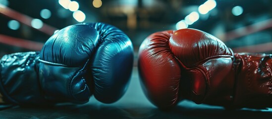 Red and blue gloves in boxing arena. - obrazy, fototapety, plakaty