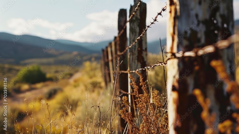 Aufkleber A picture of a rusted fence in a field with majestic mountains in the background. Perfect for adding a touch of rustic beauty to any project or design