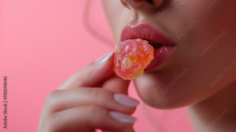 Poster close up shot of a person enjoying a delicious candy. perfect for food and indulgence concepts