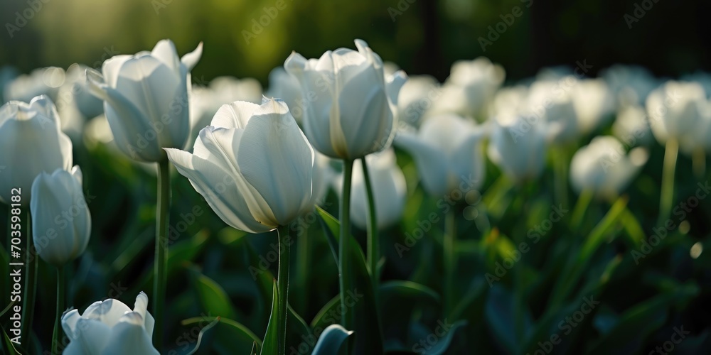 Poster a beautiful field of white tulips illuminated by the sun. perfect for springtime themes and nature c