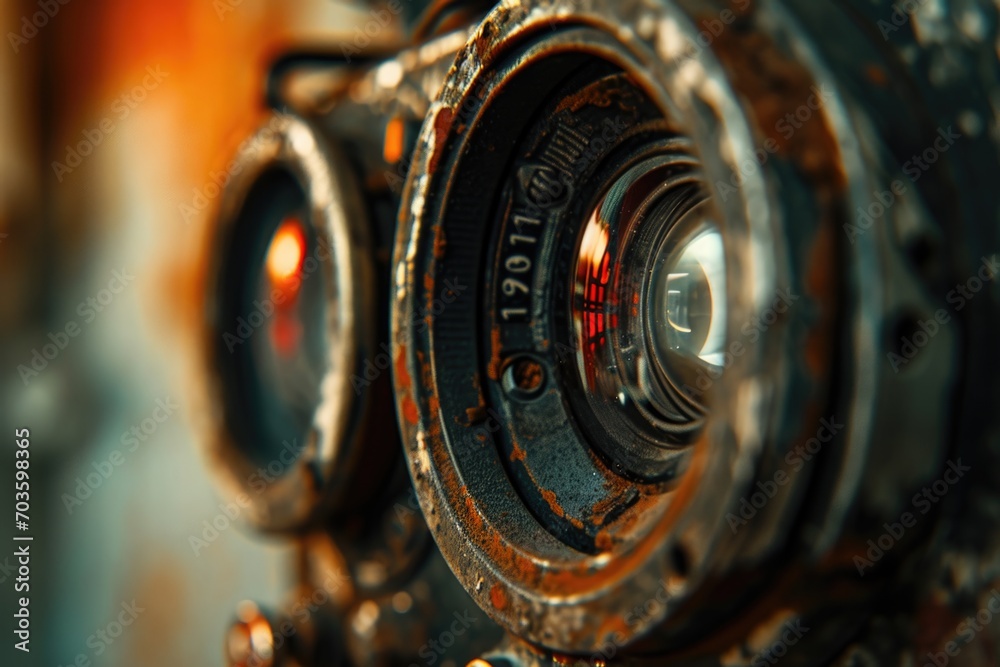 Poster A close-up view of a camera lens with a blurred background. This image can be used to depict photography, technology, or creativity