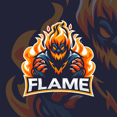 Fire monster mascot esport vector illustration. Flame devil gaming and sport team mascot emblem.