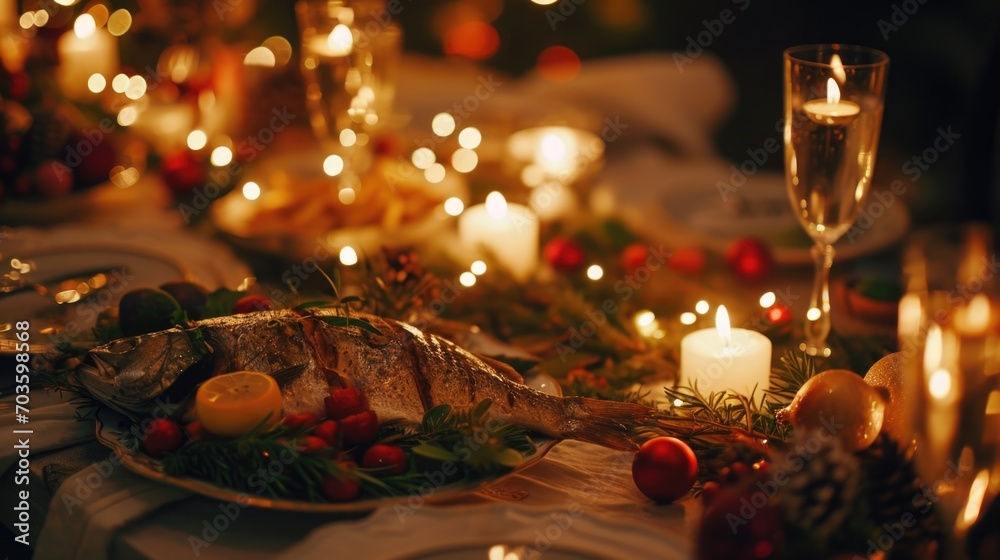 Poster A fish sitting on top of a table next to candles. Perfect for adding a touch of elegance to any space
