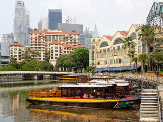 Tour boats moored at Boat Quay on the Singapore River