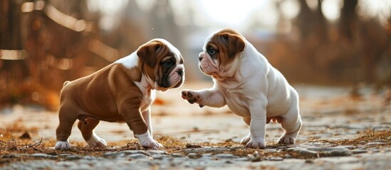 6-week-old english bulldog puppies engaged in play fighting. - obrazy, fototapety, plakaty