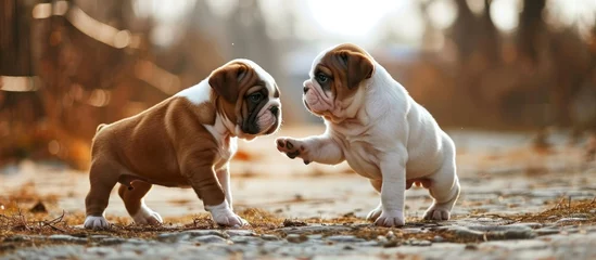 Fotobehang 6-week-old english bulldog puppies engaged in play fighting. © 2rogan