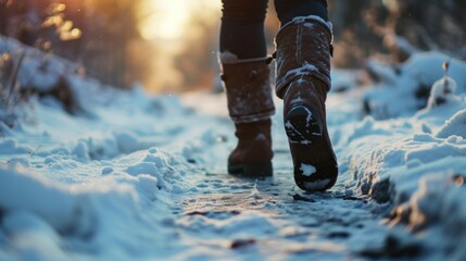 A person walking in the snow wearing boots. This image can be used to depict winter activities or outdoor adventures