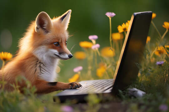 Curious Fox Interacts with Laptop in Wildflower Meadow