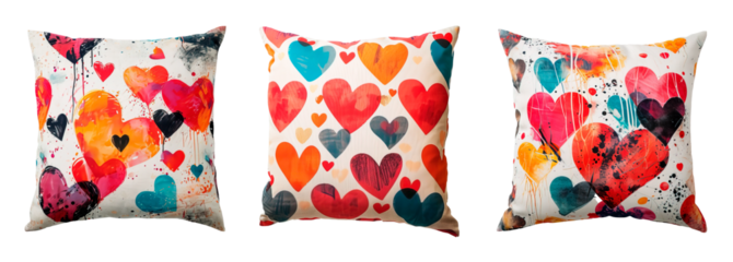 Colorful and modern pillows with hearts pattern. Valentines Day concept. White transparent background