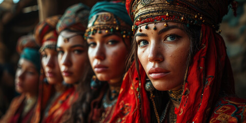 Beautiful young muslim girls with traditional clothing and jewelry. - obrazy, fototapety, plakaty