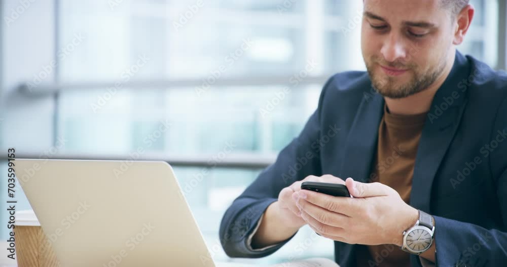 Poster businessman, laptop and phone call for discussion, communication or networking at office. happy man 