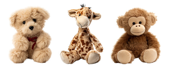 Set of cuddly toys of a dog, a giraffe and a monkey. Isolated over white transparent background