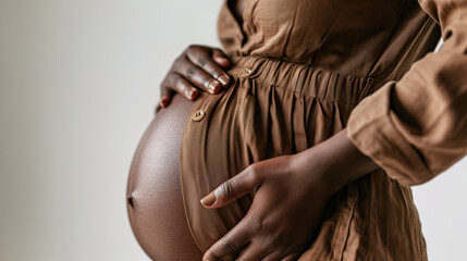 Close up of Afro American woman pregnant belly. Unrecognizable person, copy space for text - obrazy, fototapety, plakaty