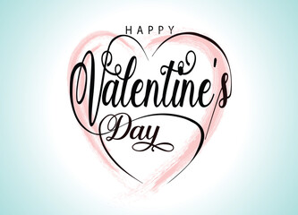 Happy Valentine's Day inscription, vector lettering. Decorative abstract background with pink drawn hearts. Hand written greeting card template for Valentine's day. Isolated typography print.