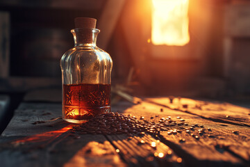 A bottle of flax seed oil on a rustic wooden table - obrazy, fototapety, plakaty