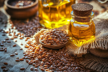 Flax seed oil with linseeds on a table - obrazy, fototapety, plakaty