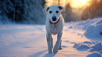A dog walks outside in the snow in winter. Sad homeless dog. Animal shelter. Pets. Cute pets. Love dogs. The dog is lost. Generative ai
