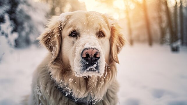 Beautiful portrait of a golden retriever dog in the snow. Labrador dog in winter outside in white snow. Photo of a dog for printing on a poster, fabric, paper. Cute pets. The dog walks in winter.