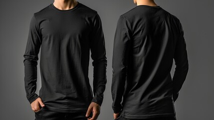 Black long sleeved t-shirt mock up, front and back view, isolated. Male model wear plain black...